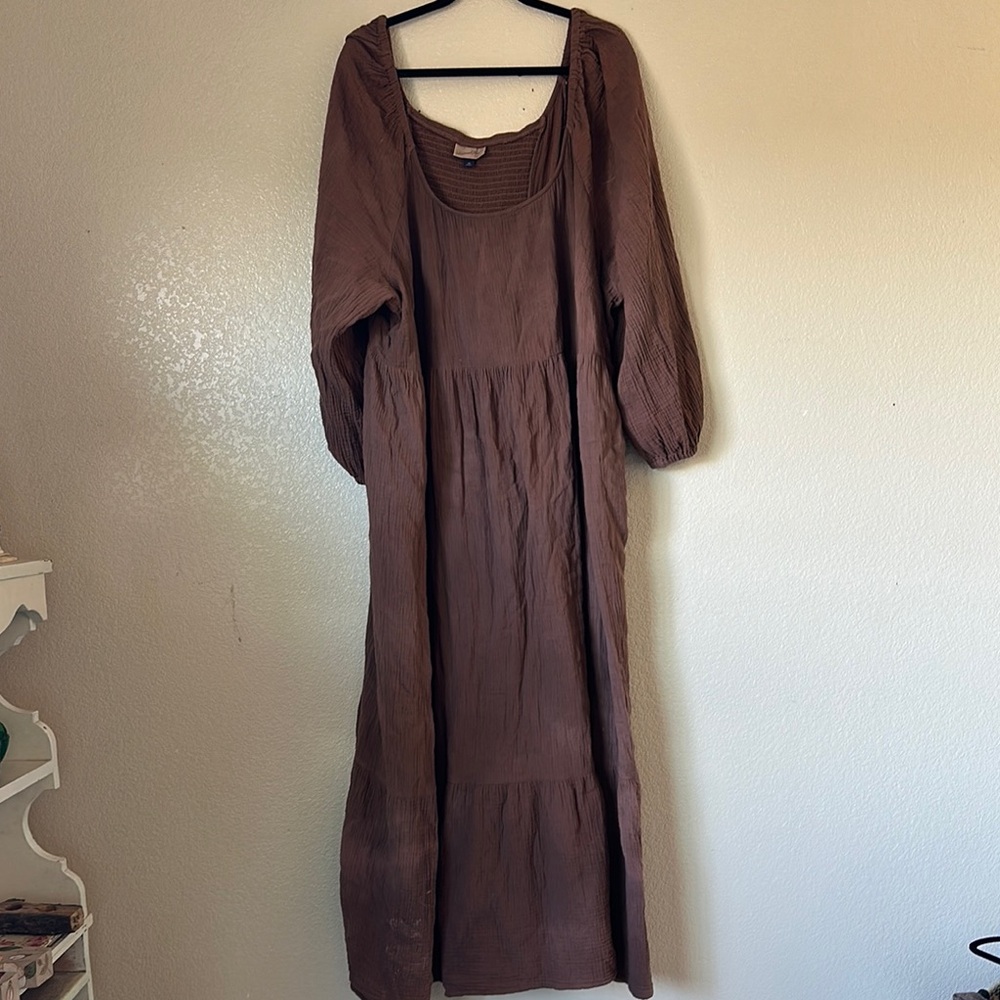 Brown Tiered Smocked Sundress with Bishop Sleeves